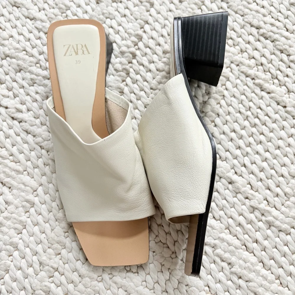 ZARA Cream Ivory White Leather Block Heel Sandals Womens 39 9 EUC - Picture 6 of 7
